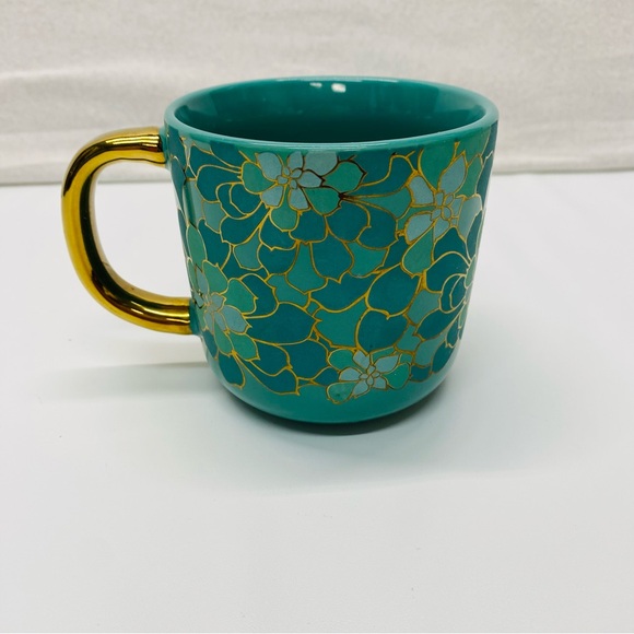 Thyme & Table Succulent Floral Turquoise Coffee Tea 12oz. Mug Stoneware AquaGold - Picture 2 of 9